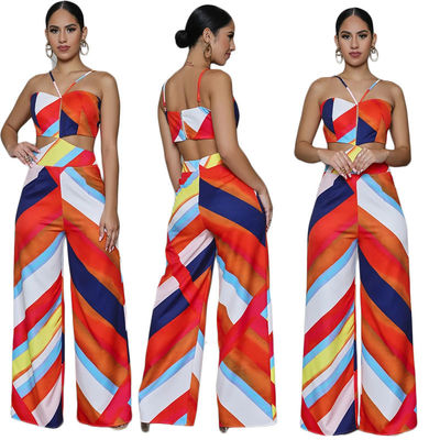 Print Halter Jumpsuit Wide-Leg Pants Casual Off The Shoulder Backless Playsuit